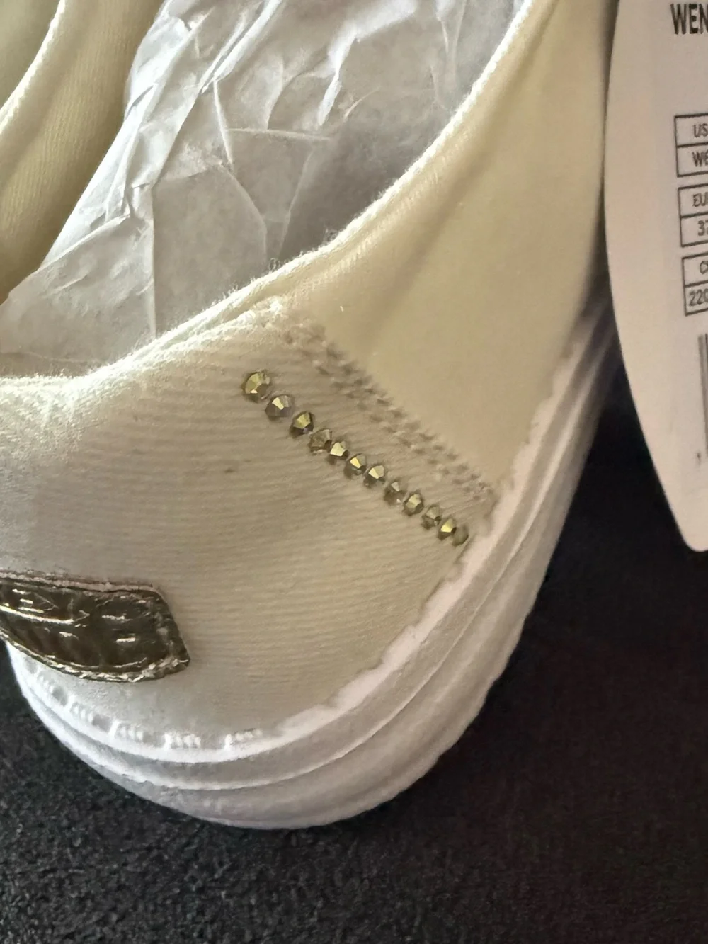 Hey Dude Cream Slip-On Canvas Shoe with Gold Stud Accents